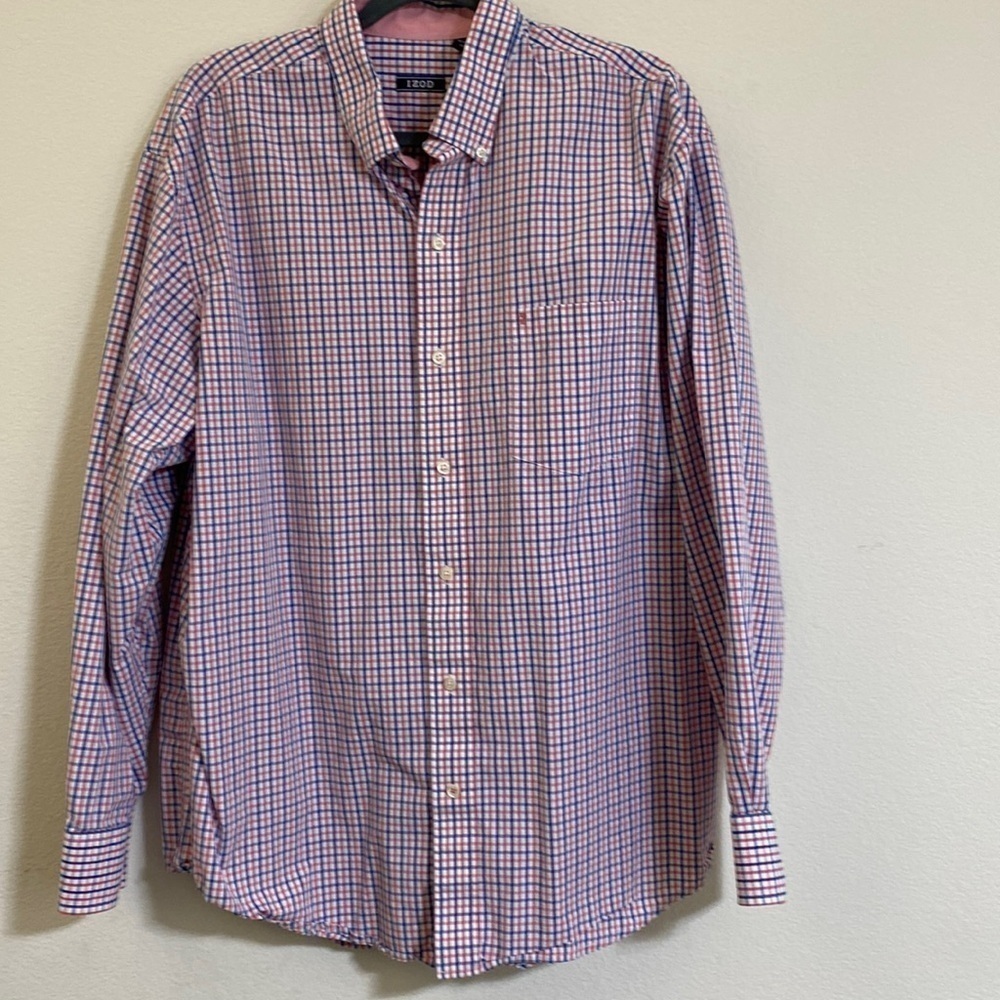 IZOD EUC Men's 100% Cotton Plaid Shirt White Red and Blue X-Large